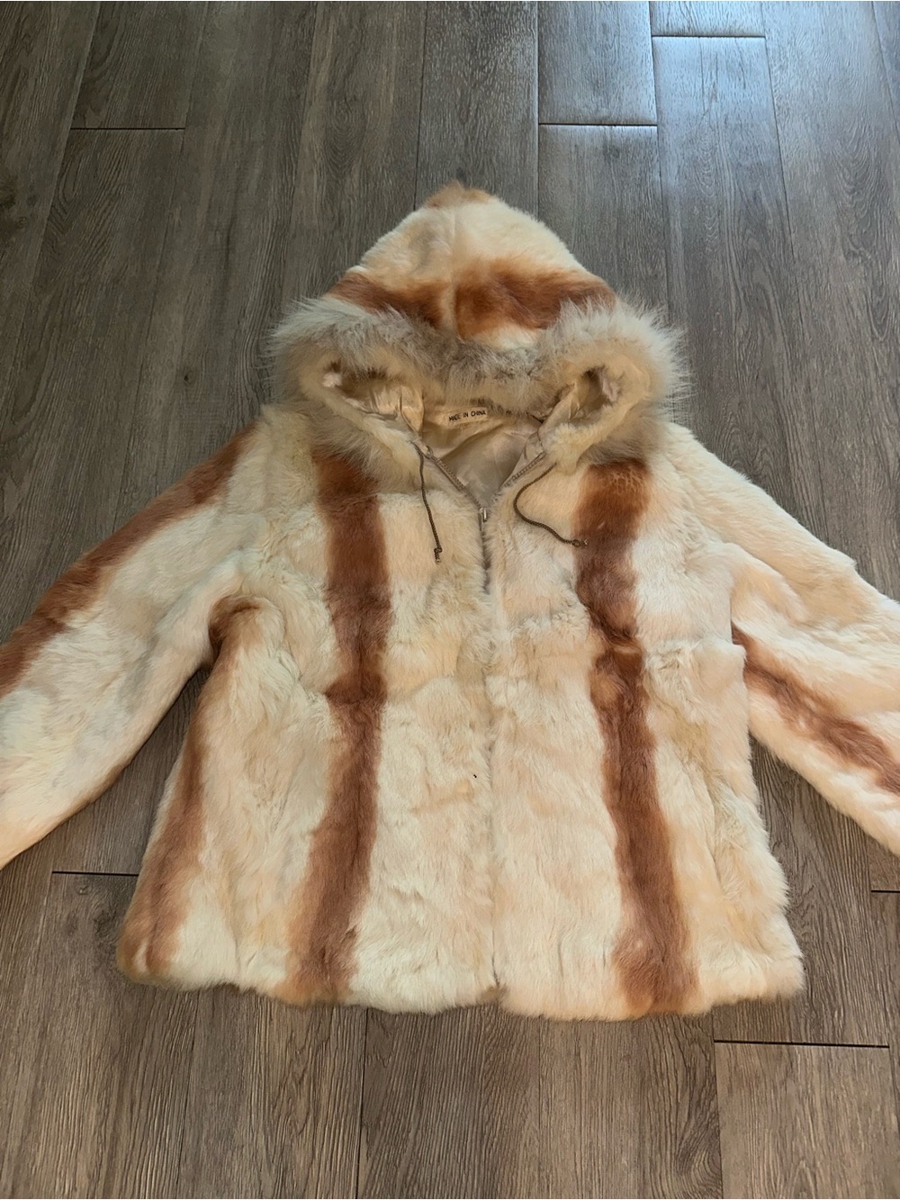 Vtg Genuine Rabbit Fur Jacket Cream & Tan Stripe Satin Lined Hooded Dress Coat